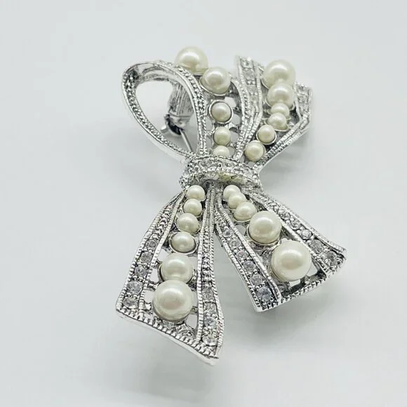 Vintage MONET Silver Tone Bow Brooch Faux Pearl Rhinestone Signed June Birthday - Picture 4 of 7